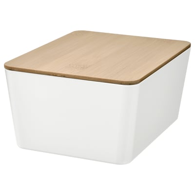 KUGGIS Box, weiß, quadratisch, Bambusdeckel, Aufbewahrungsorganizer.