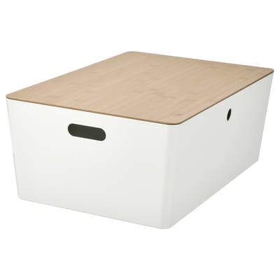 KUGGIS Aufbewahrungsbox, weiß mit Bambusdeckel, rechteckige Form, zwei Griffe.