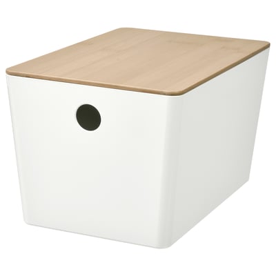 KUGGIS-Box, weiß mit hellem Holzdeckel, runder Griff, zur Aufbewahrung geeignet, stapelbar, umweltfreundliche Materialien.