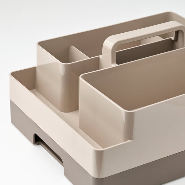 Schreibtisch-Organizer mit mehreren Fächern, robust, beige, Griff oben.