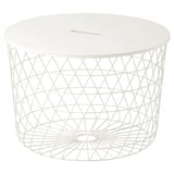 Ein KVISTBRO Korbtisch aus weißem Draht. Es hat eine kreisförmige Form und ein weißes Mesh-Design. Die Platte ist flach und einfarbig weiß.