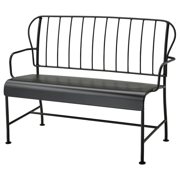 Moderne Bank aus schwarzem Metall, geschwungene Rückenlehne, zwei Armlehnen.