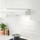 Moderne Dunstabzugshaube mit LED-Licht, im Schrank montiert, Steuerung der Lüftergeschwindigkeit, Kochen unten.