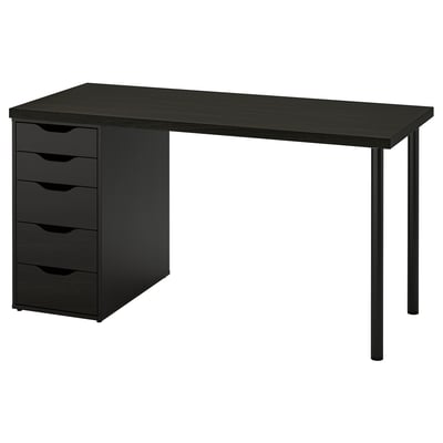 Ein schlanker schwarzer LAGKAPTEN-Schreibtisch mit Schubladenschrank, perfekt für kleine Räume, mit einer Waben-Tischplatte und ausgeschnittenen Griffen.