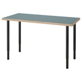 Ein LAGKAPTEN-Schreibtisch mit blauer Platte und schwarzen verstellbaren Beinen. Rechteckige Form mit modernem Design.