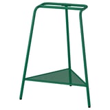 Grüner Metallhocker mit dreieckigem Netzsitz und zwei Beinen; Modernes und minimalistisches Design.