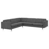 Graues modulares Ecksofa, modernes Design mit getufteten Rückenlehnen und Metallbeinen.
