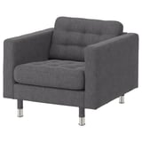 Grauer Landskriona Sessel mit Metallbeinen, kastenförmiges Design, getuftete Rückenlehne.