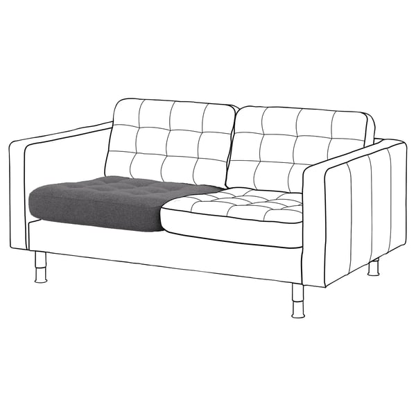 Ein kompaktes 2-Sitzer-Sofa aus weißem Tufted mit grauen Kissen.