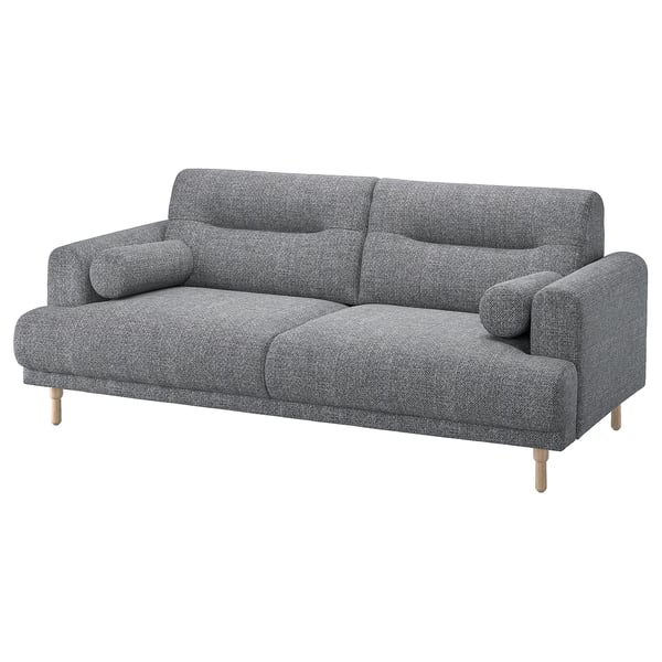 Modernes graues Stoffsofa, weiche runde Formen, helle Eichenbeine, stilvoll und gemütlich.