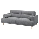 Modernes graues Stoffsofa, weiche runde Formen, helle Eichenbeine, stilvoll und gemütlich.