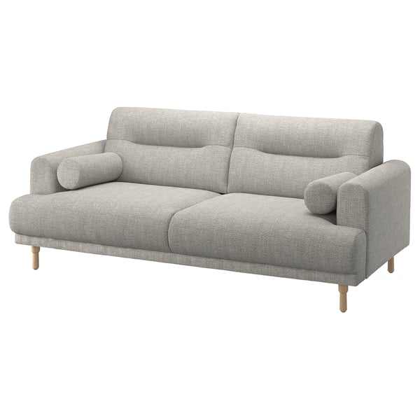 Modernes graues LÅNGARYD-Sofa, weiche, abgerundete Form, Holzbeine, gemütliche Polsterung.