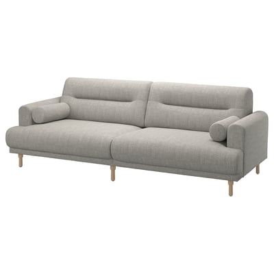 Modernes graues LÅNGARYD-Sofa, weiches, abgerundetes Design, Holzbeine, gemütliche Kissen.
