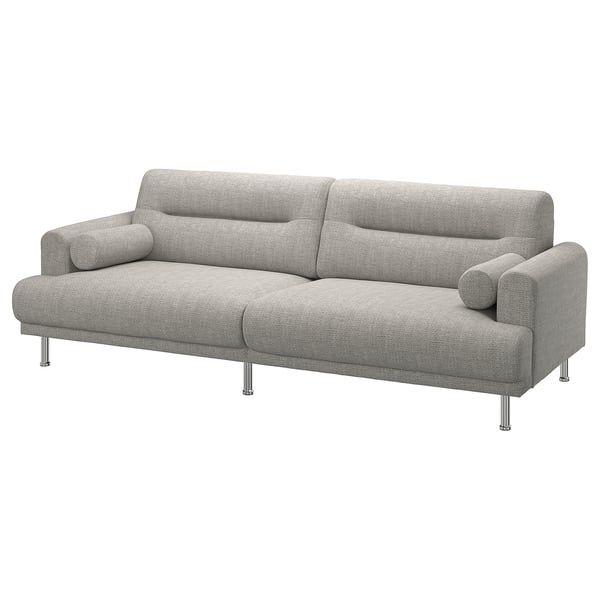 Modernes graues LÅNGARYD-Sofa, weiche runde Formen, verchromte Beine, gemütlich und stilvoll.