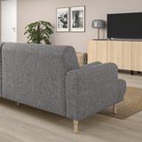 Modernes Wohnzimmer mit grauem LÅNGARYD-Sofa, Fotos, Pflanze und Flachbildfernseher.