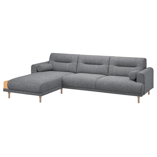 LÅNGARYD L-förmiges Sofa aus grauem Stoff mit Holzbeinen und leichtem Design.