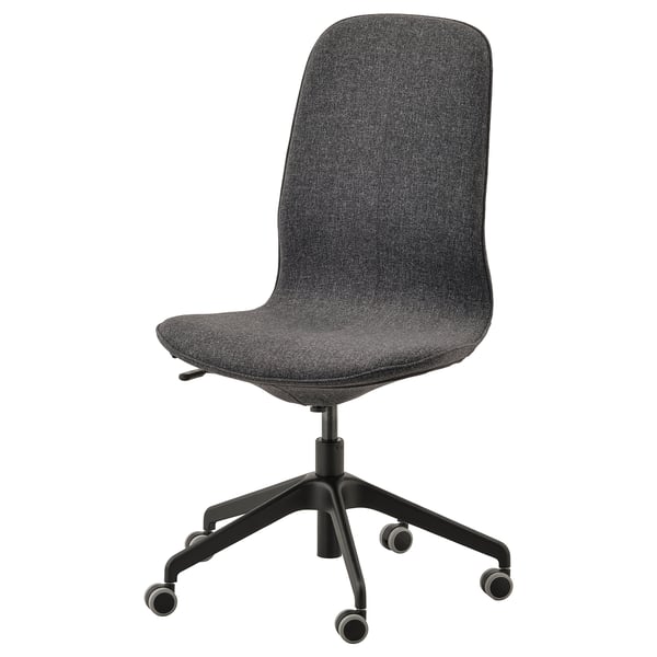 LÅNGFJÄLL Bürostuhl, grau. Geschwungene Linien, Lendenwirbelstütze und verstellbare Sitzhöhe. Schwarzer Sockel mit Rollen.