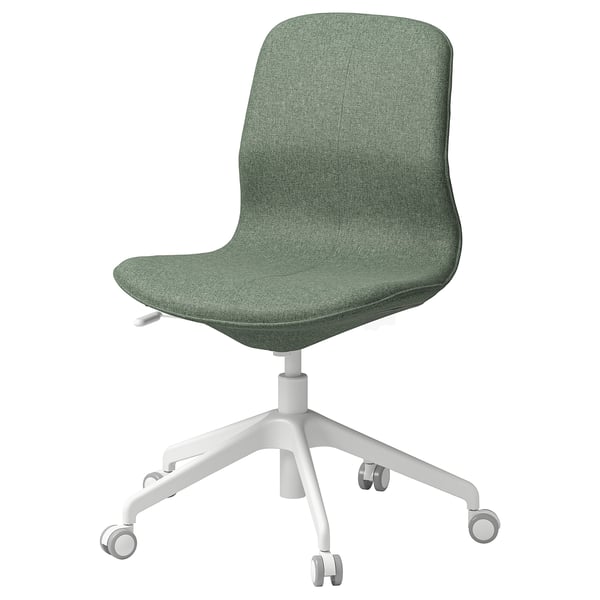 LÅNGFJÄLL Bürostuhl aus grünem Stoff, weißes Gestell, höhenverstellbar, Rollen.