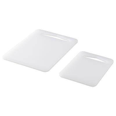 Zwei weiße rechteckige Schneidebretter aus Kunststoff, schlichtes Design.