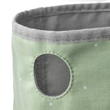 Grüner Stoffbehälter mit grauem Rand und Netztasche mit hochwertigen Nähten und Textur.