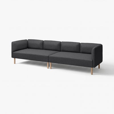 Ein schwarzes LILLEHEM-Modulsofa aus schwarzem Stoff mit Holzbeinen auf weißem Hintergrund, das ein minimalistisches Design zeigt.