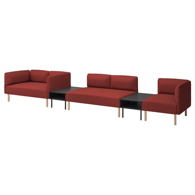 Rote modulare Sofagarnitur, Lilleham, flexibles Design mit Armlehnen, Holzbeinen.