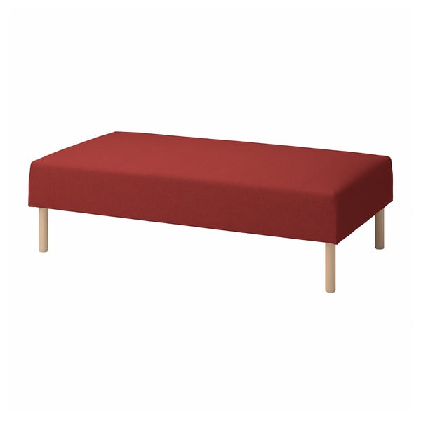 Roter rechteckiger Hocker mit Holzbeinen, abnehmbarer wollähnlicher Polster.