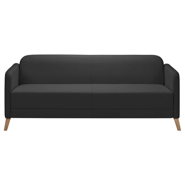 Modernes schwarzes Stoffsofa mit klaren Linien und Holzbeinen.