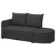 Dunkelgraues LINDÅKRA Schlafsofa mit runden Formen, zwei Rückenkissen und Stauraum in Sitz und Ottomane.