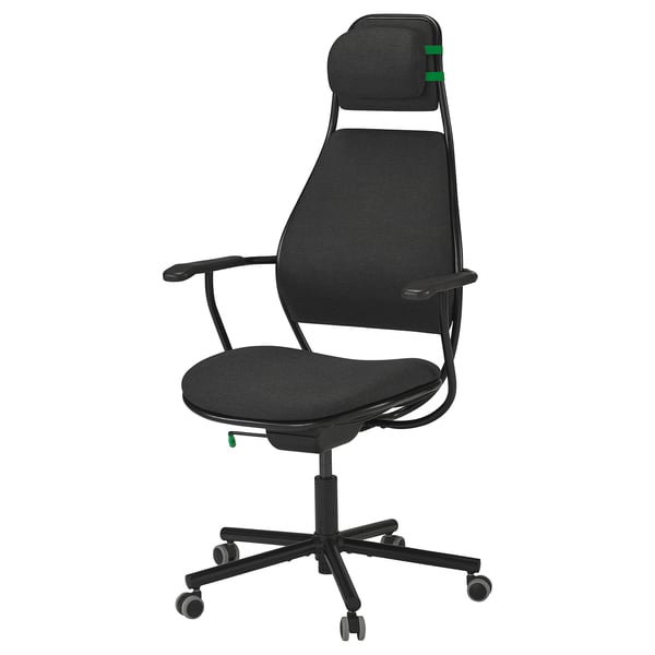 Schwarzer LÖPARBANA Gaming-Stuhl mit verstellbarer Kopfstütze und Höhe, mit stabilem Metallgestell und Netzpolsterung.