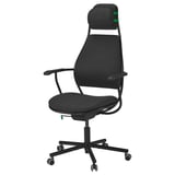 Schwarzer LÖPARBANA Gaming-Stuhl mit verstellbarer Kopfstütze und Höhe, mit stabilem Metallgestell und Netzpolsterung.