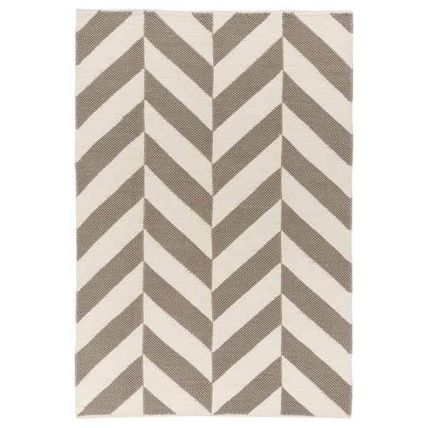 Beigefarbener und grauer Wollteppich mit Chevron-Muster und Baumwollrücken.