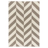 Beigefarbener und grauer Wollteppich mit Chevron-Muster und Baumwollrücken.