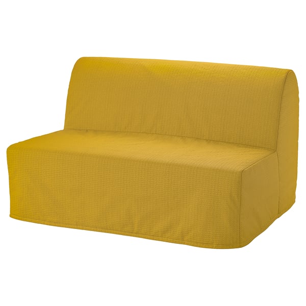 Hellgelbes, modernes Sofa, gepolstert mit recyceltem Polyestergewebe, mit einem schlanken, minimalistischen Design.