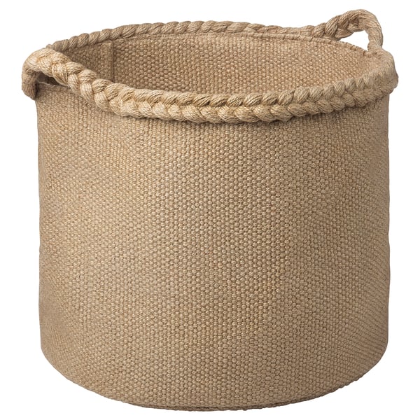 MÄVINN Jutekorb, beige, geflochtene Henkel, rund, naturbelassen.