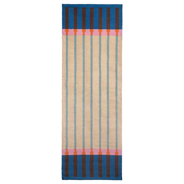 MÄVINN Teppich, blaue und cremefarbene Streifen, gewebte Jute und Wolle.