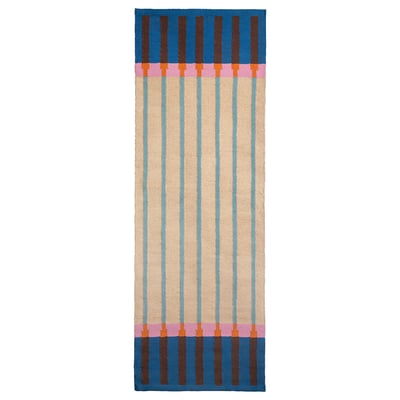 MÄVINN Teppich, blaue und cremefarbene Streifen, gewebte Jute und Wolle.