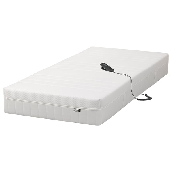 Ikea MAJSKÄR weiße Schaumstoffmatratze mit ferngesteuerter, winkelverstellbarer, rechteckiger, moderner Gestaltung.