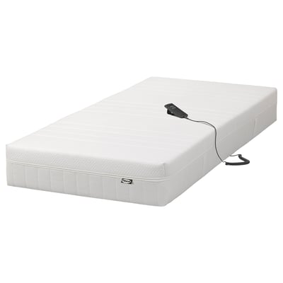 Ikea MAJSKÄR weiße Schaumstoffmatratze mit ferngesteuerter, winkelverstellbarer, rechteckiger, moderner Gestaltung.