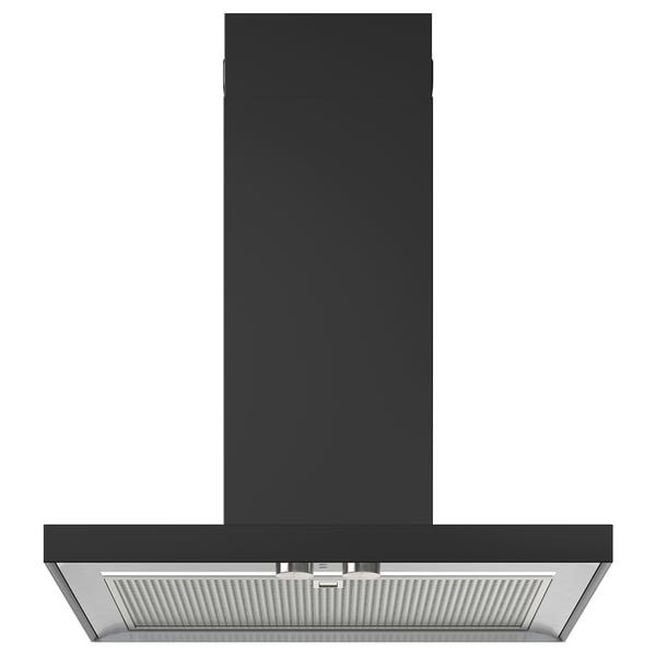 Schwarze Dunstabzugshaube mit LED-Beleuchtung, modernes Design.
