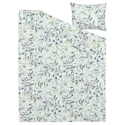 Hellblaues MATTOXBÄR-Bettdeckenset mit Blumenmuster, 100 % Baumwolle. Beinhaltet Bettdecke und Kissenbezug.