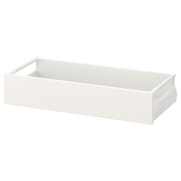 MAXIMERA weiße Schublade, minimalistisches Design, rechteckige Form, glatte Kanten, Stahl- und Spanplattenkonstruktion.