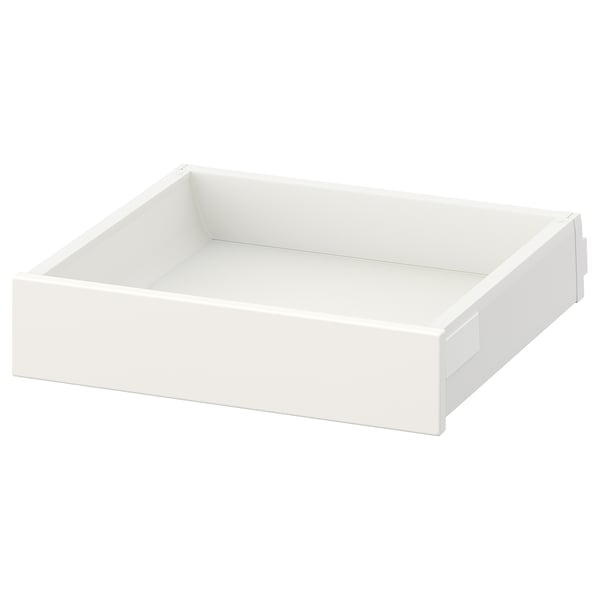MAXIMERA: weiße quadratische Schublade, Stahl & Holz, schlichtes Design, keine Griffe.