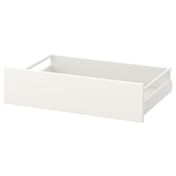 Weiße MAXIMERA-Schublade, rechteckig, glatter Stahl und Spanplatte, minimalistisches Design.
