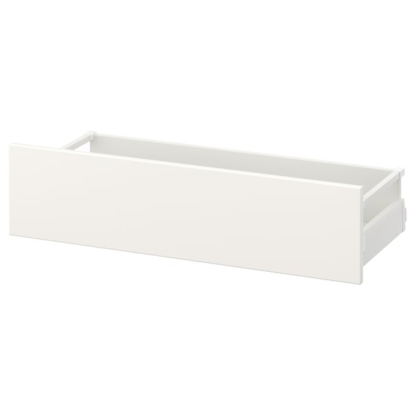 Eine MAXIMERA-Schublade in Weiß. Er ist rechteckig mit flacher Front und klarem, modernem Design. Hergestellt aus Stahl, Spanplatten und Melaminfolie.