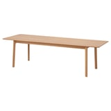 Der MELLANSEL Esstisch aus Holz in Eiche. Es hat eine rechteckige Form, ein klassisches Design und zwei ausziehbare Abschnitte für zusätzliche Sitzgelegenheiten.