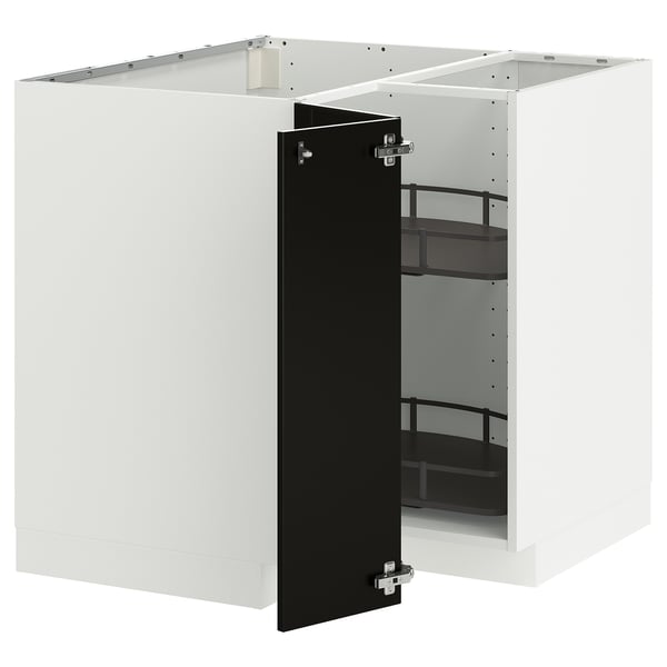 Ein METOD Küchenschrank in Weiß mit schwarzer Tür. Er hat eine quadratische Form mit einem ausziehbaren Regal.