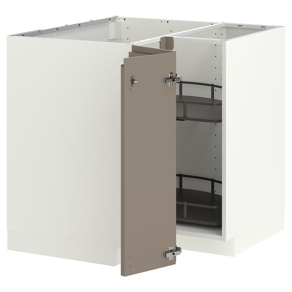 METOD Eckunterschrank+Karussell, weiß/Voxtorp Hochglanz dunkel graubraun, 88x88 cm
