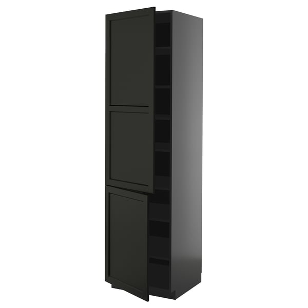 Schwarz gebeizter Holzschrank mit zwei Türen, verstellbaren Regalen, traditionellem Design.