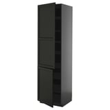 Schwarz gebeizter Holzschrank mit zwei Türen, verstellbaren Regalen, traditionellem Design.